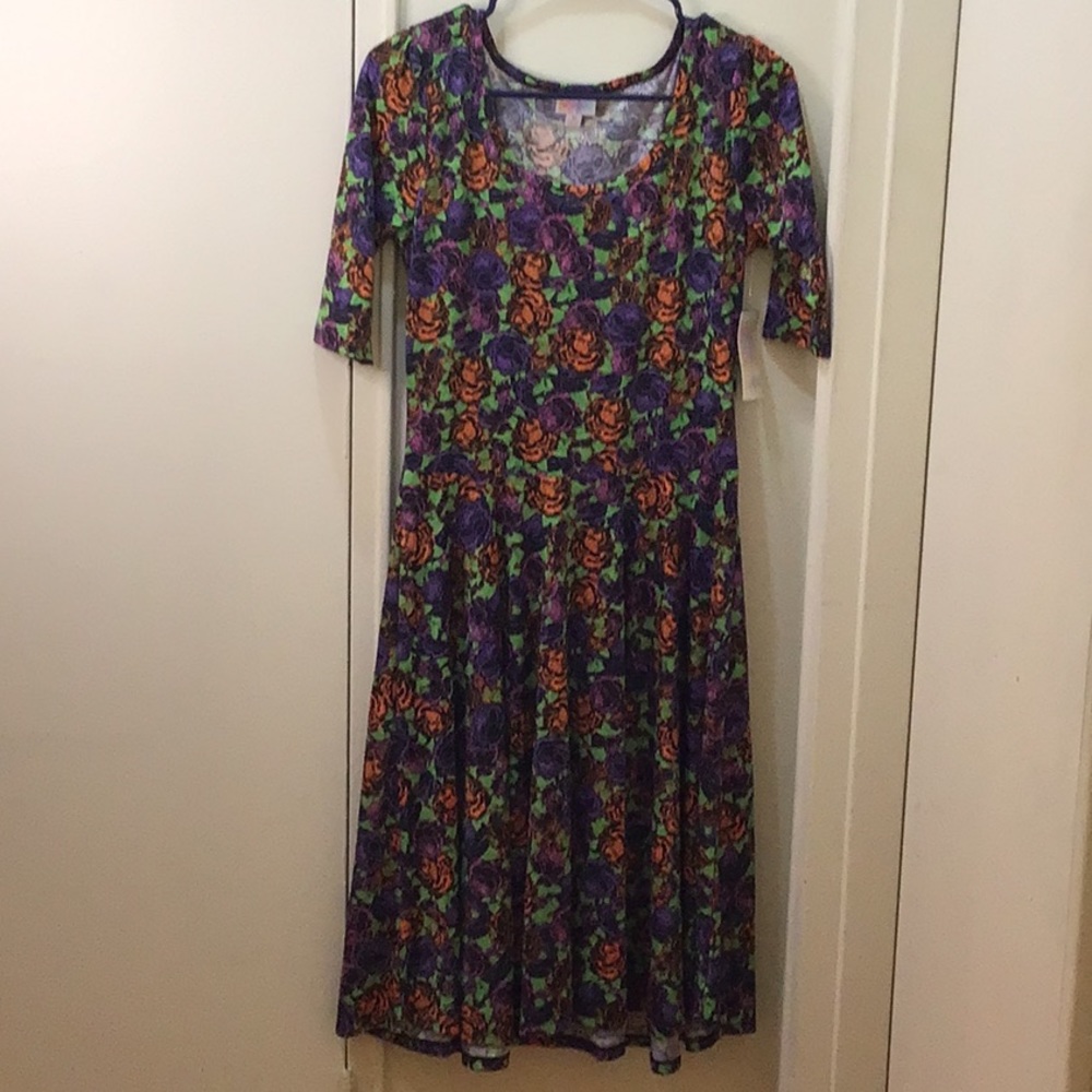 NWT LULAROE NICOLE PURPLE GREEN ORANGE ROSES FLORAL  FLARE DRESS SZ M